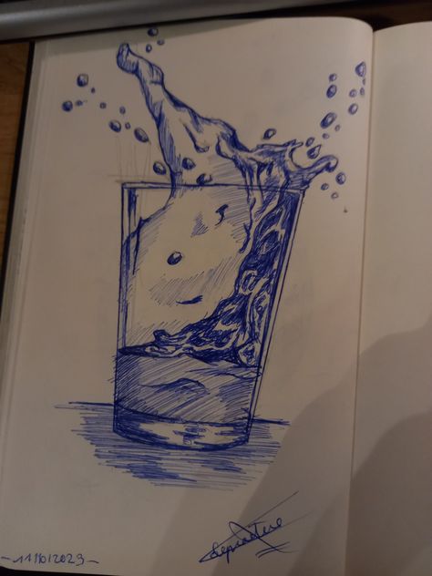 Glass Of Water Drawing Easy, Moving Water Drawing, Glass Of Water Drawing, Glass Bottle Drawing, Drawing Cup, Ice Drawing, Colored Pencil Artwork Ideas, Water Sketch, Glass Drawing