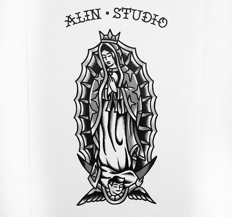 American Traditional Tattoos Virgin Mary, American Traditional Mother Mary Tattoo, Mary Tattoo Traditional, Traditional Tattoo Artwork, Mother Mary Tattoos, Saint Tattoo, Traditional Tattoo Flash Sheets, Nautical Tattoo Sleeve, Traditional Tattoo Drawings