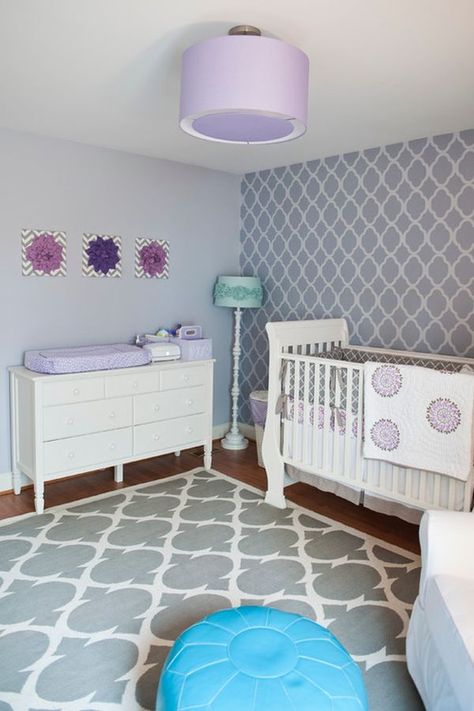 Beautiful, Charming Lavender Nurseries: Ideas Contemporary Baby Nursery, Purple Gray Nursery, Purple Baby Rooms, Nursery Ideas Boy, Lavender Nursery, Baby Nursery Design, Nursery Changing Table, Purple Nursery, Minimalist Nursery