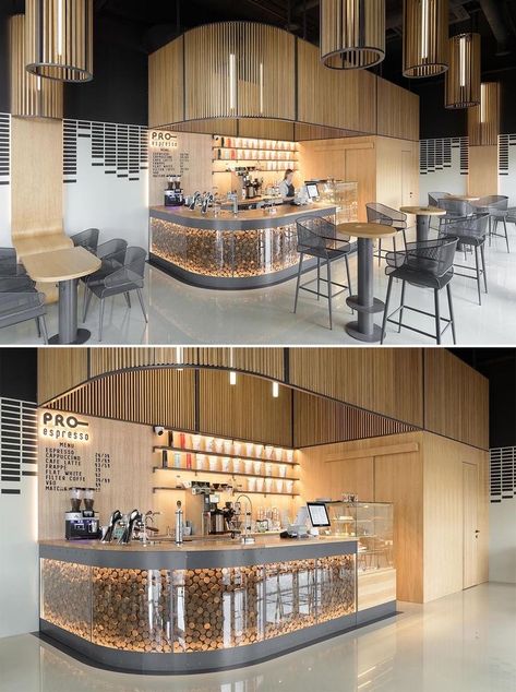 Curved Bar Design, Modern Coffee Shop, Bar Counter Design, Cafe Counter, Cafe Concept, Kiosk Design, Coffee Shops Interior, Wood Tables, Curved Bar