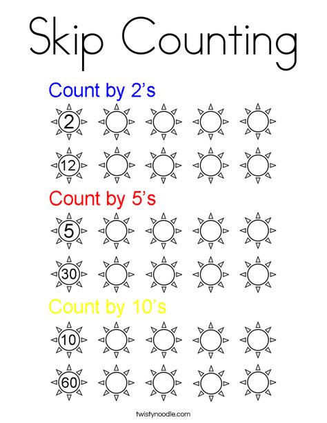 Skip Counting Coloring Page - Twisty Noodle Skip Counting Kindergarten, Skip Counting Worksheets, Skip Counting By 2, Counting In 5s, Counting By 5's, Handwriting Sheets, Twisty Noodle, Math Sheets, Kindergarten Reading Worksheets