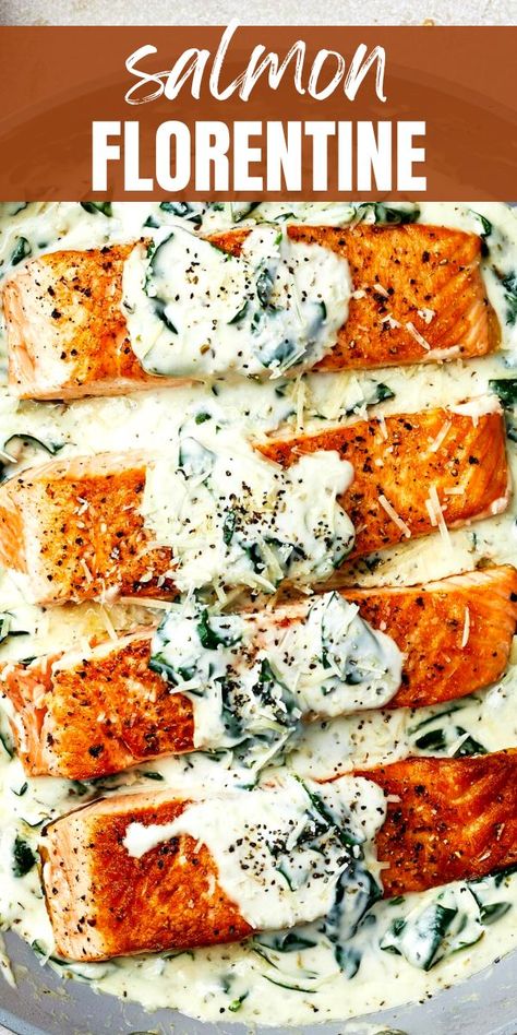 Pan Seared Salmon With Lemon Cream Sauce, Frozen Salmon Fillets Recipes, Spinach Sauce For Salmon, Salmon Florentine Spinach, Salmon Spinach Cream Sauce, Salmon With Creamy Spinach Sauce, Cheese Sauce For Salmon, Salmon With Spinach Recipes, Salmon With Spinach Cream Sauce