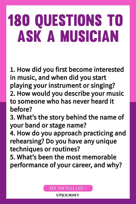 Discover engaging conversation starters with these 180 questions to ask a musician. Whether you're an aspiring artist or a music enthusiast, these thought-provoking questions will help deepen your understanding of the creative process and the world of music. From musicians' inspirations to their favorite performances, get ready for fascinating discussions! Perfect for music lovers looking to connect on a deeper level. Questions To Ask Podcast Guest, Music Questions To Ask, Work Etiquette, Psychology Terms, Interview Questions To Ask, Questions To Ponder, Conversation Questions, Deep Questions To Ask, Instagram Story Questions