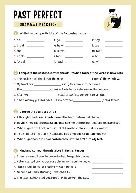 White Pastel Yellow Past Perfect Grammar Practice Worksheet - Templates by Canva Past Perfect Worksheets, Past Tense Worksheet, Easy Grammar, Reading Comprehension Texts, Spelling Homework, Reading Body Language, English Grammar Exercises, Grammar For Kids, Grammar Exercises