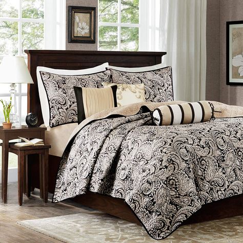 Madison Park Aubrey 6 Piece Quilted Coverlet Set, Black, Cal King, King King *** Want to know more, click on the image. (This is an affiliate link) Luxury Comforter Sets, Complete Bedding Set, Home Essence, Cozy Throw Pillows, Paisley Motif, Bed In A Bag, Elegant Bedroom, Madison Park, Bedding Stores