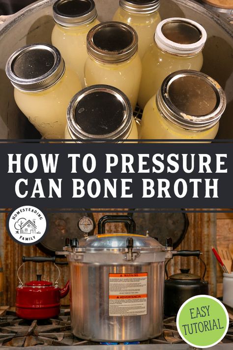 Pressure can your homemade broth or stock for long-term storage. Making broth and canning it at home can save so much money and results in a healthier product. Follow this easy tutorial and have jars and jars of canned broth on your pantry shelves. Canning Bone Broth, Canning Broth, Making Broth, Canning Beef, Homemade Broth, Homesteading Family, Pressure Canning Recipes, Boiled Chicken Breast, Canning Vegetables