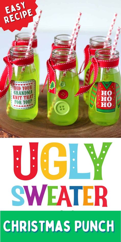 Ugly Sweater Christmas Punch recipe. Bright green Christmas cocktails served in small glass bottles are fun for a Christmas party. Grinch Party Adults, The Grinch Christmas Party Ideas, Christmas Ugly Sweater Party, Ugly Christmas Sweater Party Ideas Food, Ugly Sweater Christmas Party, Grinch Grab Punch Game, Ugly Christmas Sweater Party Menu, Ugly Sweater Party Ideas, Ugly Christmas Sweater Party Ideas