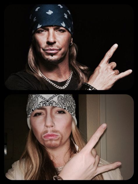 Bret michaels inspired costume. Used stipple sponge and brown eyeshadow for the facial hair! Contoured my face, added a bandana and BOOM! Every rose has it's thorn, baby. Bret Michaels Costume, Brett Michaels Costume, Brett Michaels, Michaels Halloween, Halloween Mantle Decor, Bret Michaels, Halloween Mantle, Brown Eyeshadow, Halloween 2018