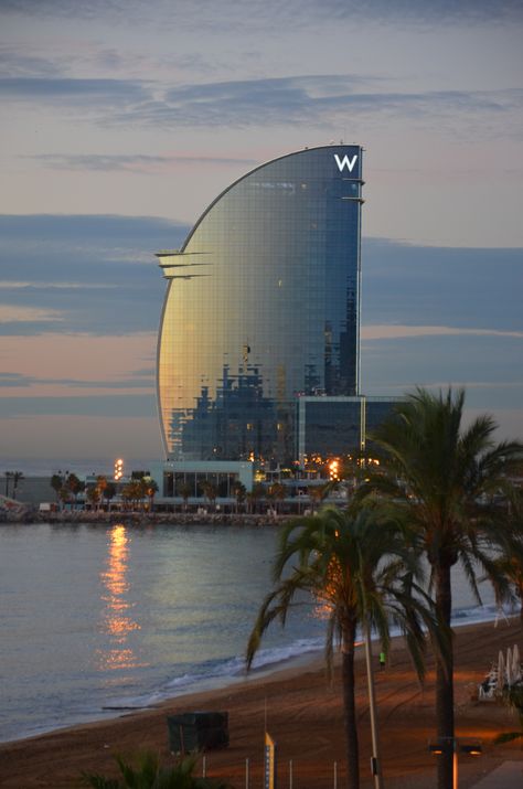 The W hotel in the morning light. Barceloneta, Barcelona W Hotel Barcelona, Brunch Barcelona, W Barcelona, Barcelona Hotel, Barcelona Aesthetic, Hotel Barcelona, Barcelona Beach, Barcelona Architecture, Spain Aesthetic