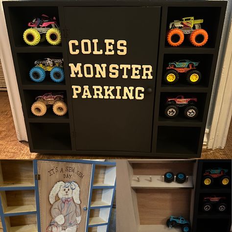 My kids are obsessed with hot wheels monster trucks… found an old sewinf cabiner for $5 at a thrift store and converted it into the perfect monster truck parking garage! How To Store Monster Trucks, Monster Truck Room, Truck Room, Boy Rooms, Sewing Cabinet, Parking Garage, One Year Old, Monster Truck, Boy Room