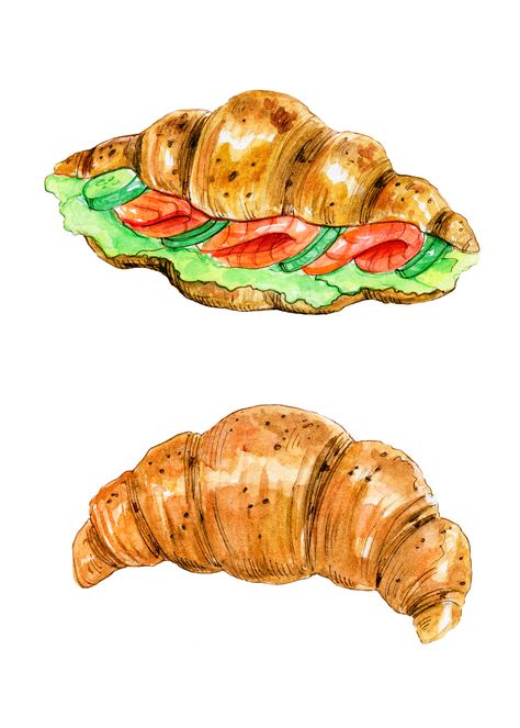 French Food Art, Crossaint Drawing, Pastry Sketch, Croissant Sketch, Pastry Drawing, Pastry Watercolor, Pastries Drawing, Croissant Watercolor, Drawing Of Food