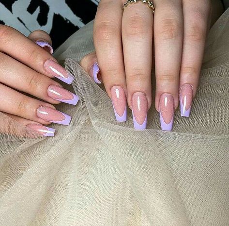 Purple French Nails, Nails Violet, Purple French Tip, French Purple, Acrylic Nails Almond Shape, Pink Tip Nails, Purple French, Purple Acrylic Nails, Hello Nails