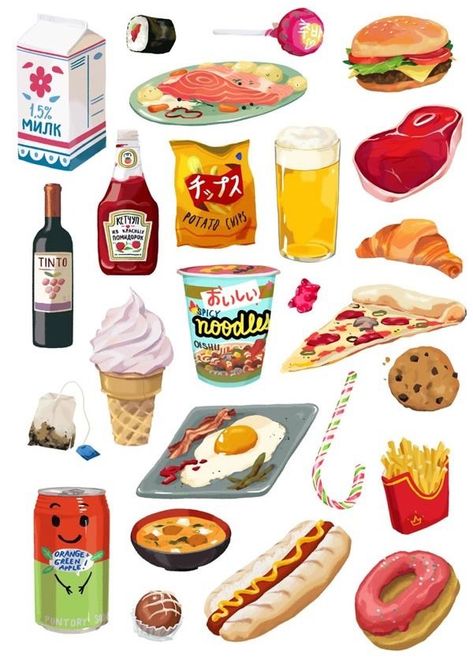 Print Dog Tumblr, 귀여운 음식 그림, Food Sketch, Watercolor Food, Art Kawaii, Food Painting, Illustration Food, Food Stickers, Food Drawing