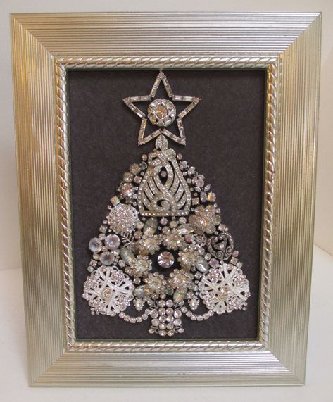 Jeweled Framed Jewelry Art Christmas Tree Gray Silver Vintage | Etsy Silver Christmas Tree Vintage, Framed Jewelry Art, Art Christmas Tree, Jeweled Christmas Trees, Framed Jewelry, Green Art Deco, Jewelry Christmas Tree, Silver Christmas Tree, Vintage Jewelry Crafts