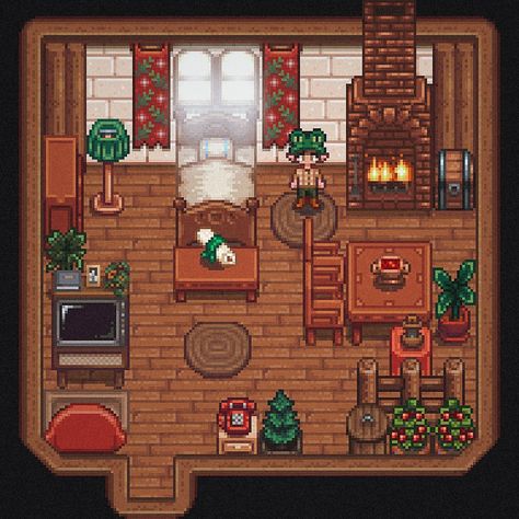 I love natural warm colours so I went for brown, red and green colour scheme for this cabin. I'm also a fan of that tier 1 farmhouse in Stardew Valley. It's fun to mess around when there's so little room as it makes you more creative 😀 Stardew Valley Inspiration Farm, Stardew Valley Character Outfit Ideas, Stardew Valley Starter House, Stardew Valley Home Interior Aesthetic, Cozy Stardew Valley, Stardew Cabin Layout, Stardew Valley Small House Interior, Stardew Valley Cabin Interior, Cabin Stardew Valley