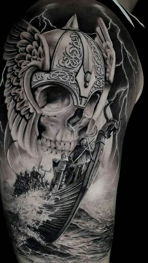 Looking for a tattoo style that will emphasize your masculinity? Then 53 Viking tattoos for men are your perfect choice! Read our article and find the best designs. Viking Helmet Tattoo, Viking Skull Art, Viking Ship Tattoo, Berserker Tattoo, Viking Tattoos For Men, Traditional Viking Tattoos, Chest Tattoo Drawings, Viking Warrior Tattoos, Warrior Tattoo Sleeve