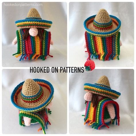 Free Mexican Gonk Crochet Pattern in A Gonk's Journey: When Stars Align. Adam Gonk's Sombrero hat and striped poncho crochet patterns. The epic crochet along from Hooked On Patterns. Follow the story and make free outfits for Santa Gonk. // Free Gonk Crochet Pattern #Crochet #CrochetPattern #FunCrochet #FreeCrochetPatterns #HoP Mexican Gnome Crochet, Hooked On Patterns, Mexican Gnomes Diy, Crochet Sombrero Pattern, Mexican Crochet Pattern Free, Mexican Crochet Pattern, Gonk Crochet Pattern Free, Mexican Crochet Ideas, Gonk Crochet