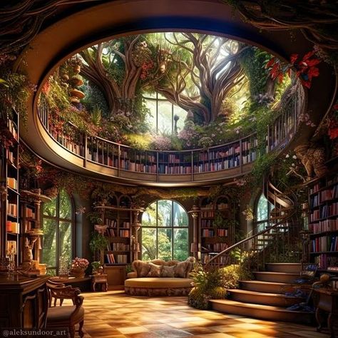 Fantasy Dream House, Fantasy Art House Interior, Interior Design Fantasy Art, Dream Nature House, Fantasy Homes Art, Floral House Aesthetic, Fairy House Design, Fantasy House Decor, Cute Library Aesthetic