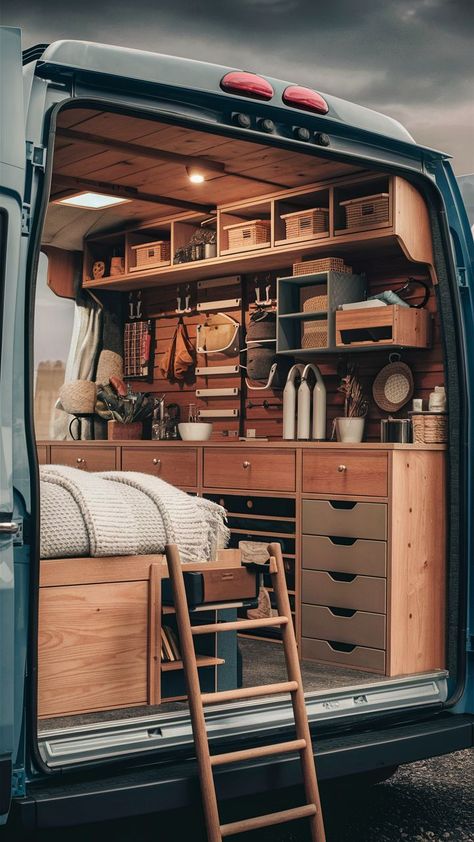 A compact gear wall with efficient storage and table flips in a DIY van conversion. Van Conversion Walls, Table Flips, Supraviețuire Camping, Gear Wall, Table Flip, Travel Camper, Van Storage, Suv Camping, Campervan Life