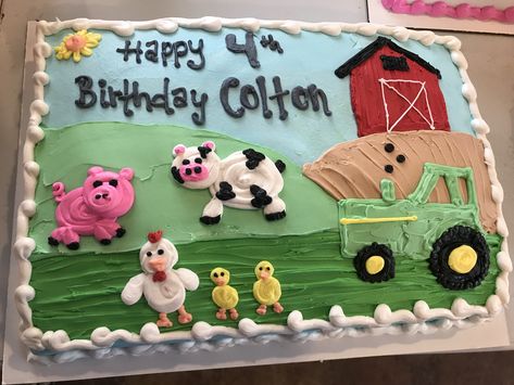 Farm Sheet Cake, Farm Themed 1st Birthday, Barnyard Cake, Half Sheet Cake, Whipped Buttercream, Themed 1st Birthday, Birthday Sheet Cakes, Animal Cupcakes, Cake And Cupcakes