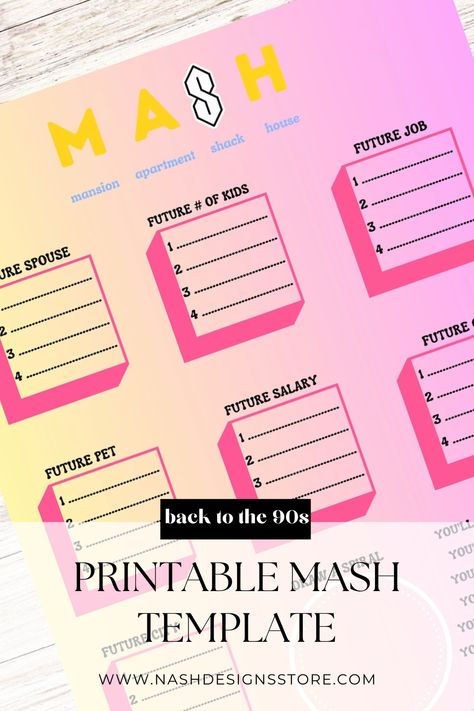 Take it back to the 90s and Y2K with this nostalgic Mash game! See what your future holds! Click the link to puchase and print as many copies as you need. #y2k #y2kgames #mash #mashgame #mashtemplate #partygames #90smash #y2kpartyideas #90spartyideas Mash Game Template, Y2k Party Games, Mash Party Theme Tv Shows, Early 2000s Party Invitation, 2000 Party Theme Early 2000s Invitation, Mash Game, Shack House, 90s Party Ideas, Back To The 90s