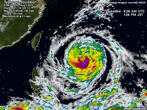 Soudelor: Storm-Centered Satellite Image | Weather Underground Water Spouts, Weather Satellite, Weather Forecasting, Weather Projects, Water Spout, Weather Map, Weather Underground, Satellite Image, Tropical Storm