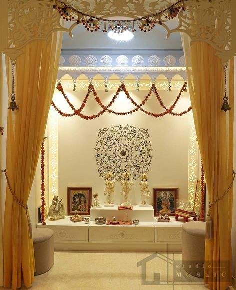 Open Mandir Design, Indian Temple Ideas For Home, Mandir Room Design, Pooja Aesthetic, Pooja Room Ideas Indian Modern, Mandir Design, India Home Decor, House Balcony Design, Temple Design For Home