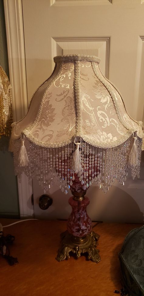 Special Free Shipping!! Nice Victorian  or French Large Lamp Shade "Poppy" with Gorgeous " Blush" Decorator Fabric and Contrasting  Trim .    5" Fringe  Adorn this Beauty.  Top is 4" across, Height is 10" or 14 1/2" with Fringe , and 17 1/2" at widest point on the bottom.  This has a Washer fitting for a Harp.   My Pictures Do Not do This Justice!!  Do You Need a different Color? Just Ask!!  These shade Frames are new. Very nice condition, all new fabric.  Please Note   I Try very Hard to give 5 Victorian Lamp Shades, Victorian Table Lamps, Large Lamp Shade, Victorian Room, Large Lamp, Table Lamp Shade, Victorian Lamps, Victorian Lampshades, Diy Accent Wall