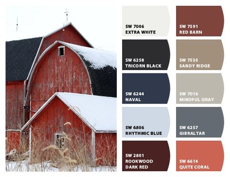 "Red Barn Inspiration" Color Palette for Exerior Home Paint Color, Stone, and landscaping. Chip It! by Sherwin-Williams – ChipCard by Christy C. Red Paint Colors, Home Paint Color, Home Paint, Farm House Colors, Red Colour Palette, Exterior Paint Colors For House, Chicken House, House Paint Exterior, Exterior Paint Colors