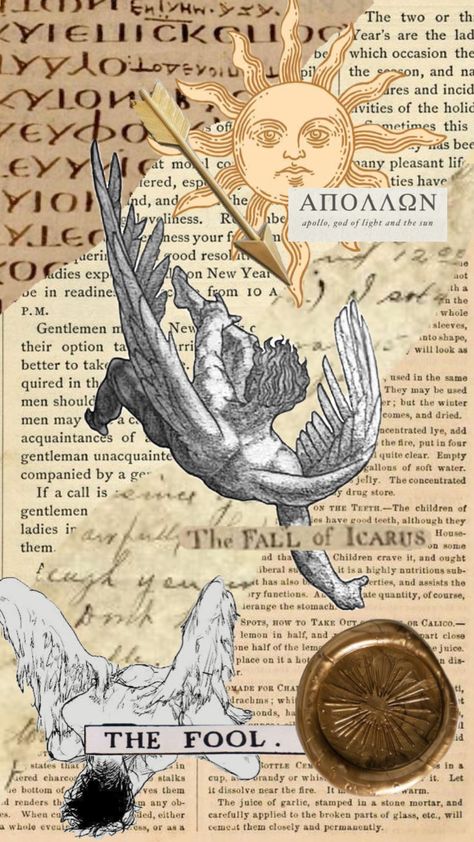 icarus & apollo Icarus Apollo, Apollo Cabin, Cabin Aesthetic, Sun Aesthetic, Achilles And Patroclus, Closer To The Sun, Greek Myths, Alphabet Illustration, Ancient Greece