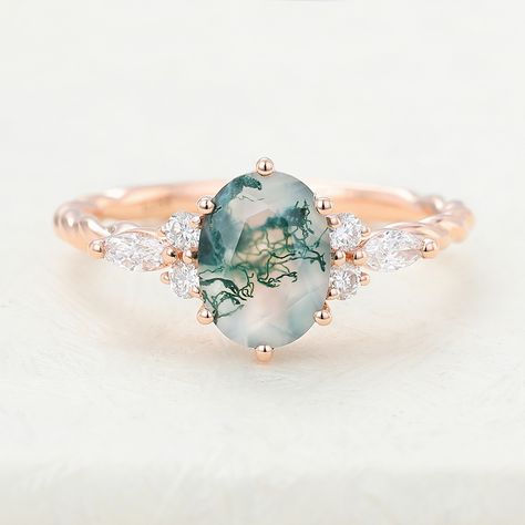 Gem Stone Engagement Rings, Gold Moss Agate Engagement Ring, Ring Style Guide, Marquise Cut Diamond Ring, Nature Engagement Ring, Agate Wedding, Moss Agate Engagement Ring, Green Gemstone Ring, Engagement Rings Twisted