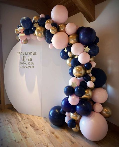 Navy, Pale Pink and Gold Gender Reveal Party Ideas | Photo 1 of 6 Birthday And Gender Reveal Party, Animal Themed Gender Reveal, Navy And Pink Balloon Arch, Baby Shower And Gender Reveal Party, Navy And Rose Gender Reveal, Gender Reveal Party Ideas Decorations, Royal Gender Reveal Party, Pink And Navy Party Decorations, Gender Reveal Balloons Decorations