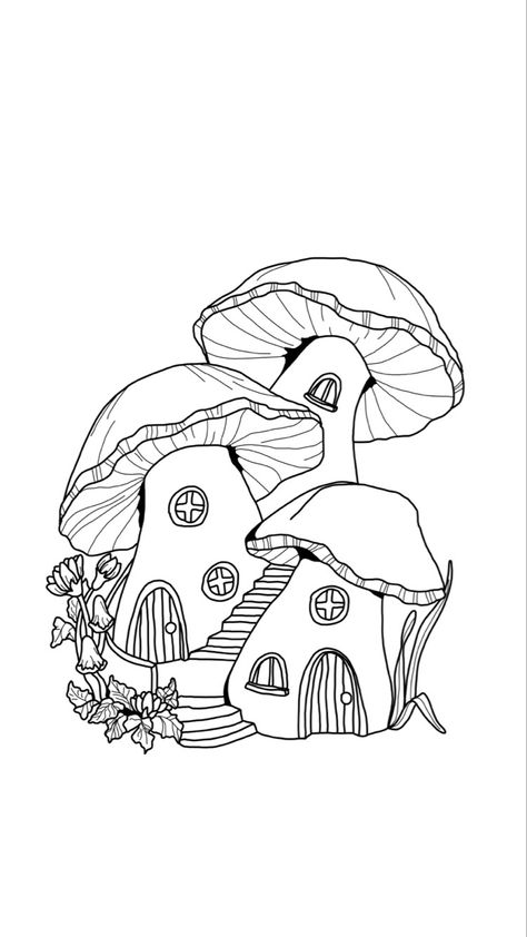 Fairy House Doodle, Gnome Village Drawing, Easy Whimsical Drawings, Fantasy Doodles Simple, Mushroom Houses Drawings, Whimsical House Drawing, Fairy Garden Drawing Simple, Fairytale Cottage Drawing, Fairy House Drawing Cottages