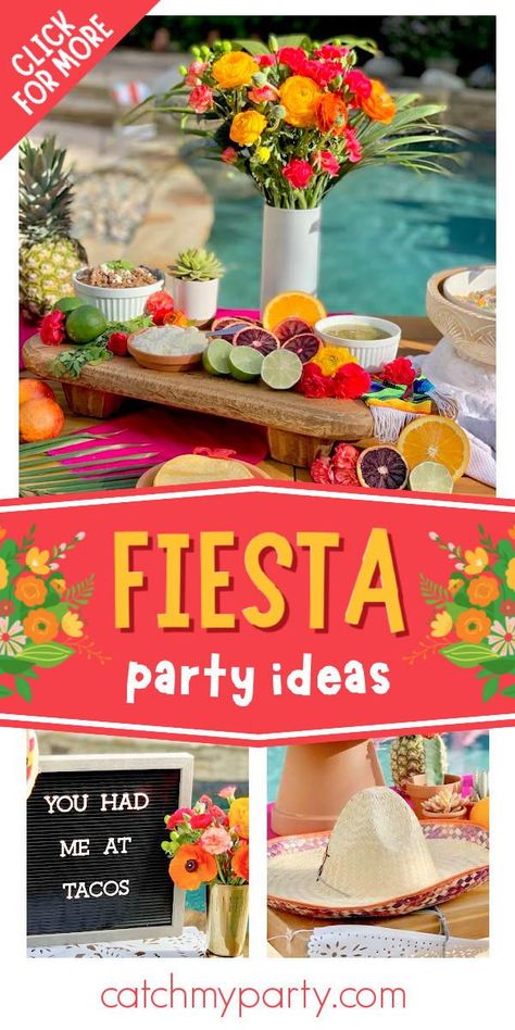 Don't miss this colorful tropical fiesta! The party food looks amazing! See more party ideas and share yours at CatchMyParty.com Fiesta Taco Bar, Fiesta Party Ideas, Croissants Breakfast, Taco Bar Party, Mexican Fiesta Birthday Party, Summer Party Planning, Mexican Buffet, Fiesta Cake, Mexican Party Decorations