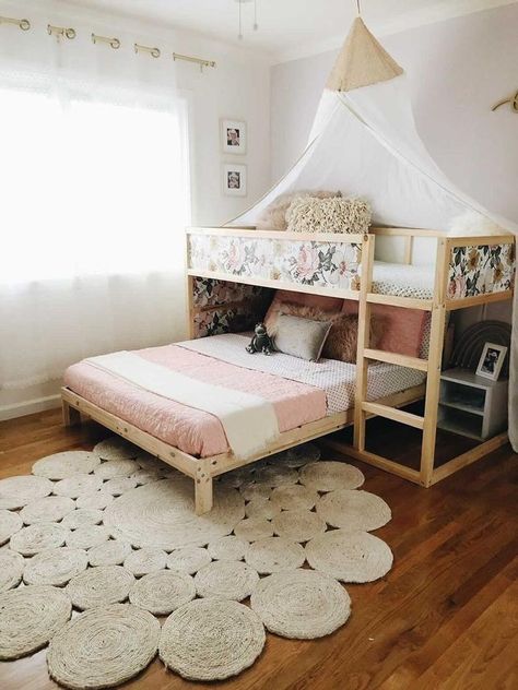 Montessori Sister Bedroom, Kura Bed With Full Bed Under, Kura Bed Hack, Shared Girls Room, Ikea Kura Bed, Kids Shared Bedroom, Shared Kids Room, Kura Bed, Ikea Kura