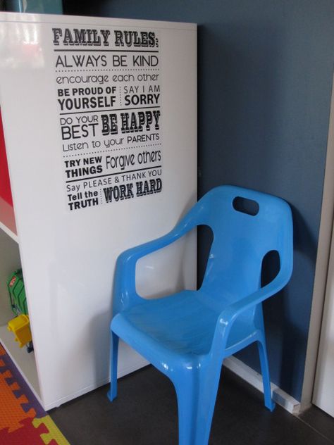 Timeout corner, complete with naughty chair and family rules wall decal. Timeout Corner Ideas, Chill Out Corner, Timeout Corner, Time Out Chair, Childrens Rooms, Classroom Idea, Corner Ideas, Calm Down Corner, Chair Ideas