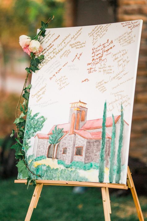 Tuscany Inspired Wedding at Lorimar Winery | Canvas Guest Book Idea | Wedding Guest Book | Guest Book Wedding | Alternative Guest Book Idea | Wedding Venue Drawing | Wedding Venue Painting | Guest Book Ideas | Fine Art Wedding Inspiration | Vineyard Wedding Ideas Painting Guest Book, Wine Vineyard Wedding, Tuscany Inspired Wedding, Watercolor Wedding Theme, Canvas Guest Book Wedding, Guest Book Canvas, Diy Wedding Guest Book, Al Fresco Wedding, Tuscan Inspired Wedding