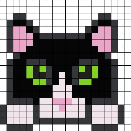 Tuxedo Cat Perler Beads, Black Cat Perler Bead Patterns, Crochet Tuxedo Cat, Cat Perler Bead Patterns, Kandi Cuff Patterns, Kandi Cuffs, Grid Patterns, Easy Perler Bead Patterns, Easy Perler Beads Ideas