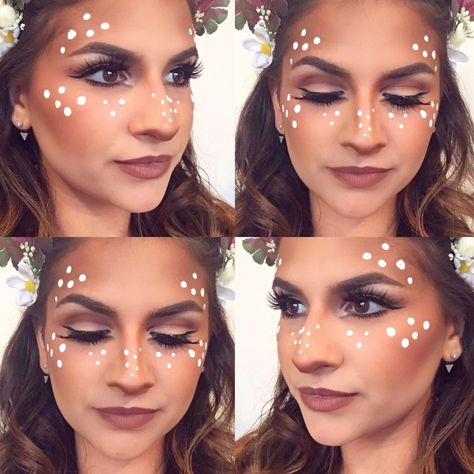 Fawn/deer makeup for A Midsummer Night's Dream party by @emmakapotesbeauty #deer #deermakeup #festivalmakeup #halloween #deercostume Diy Dear Costume For Women, Doe Deer Costume, Deer Costume Makeup Tutorial, Fawn Halloween Makeup, Fawn Makeup Halloween, Dear Costume Makeup, Fawn Costume Women, Deer Fairy Costume, Womens Deer Costume Diy