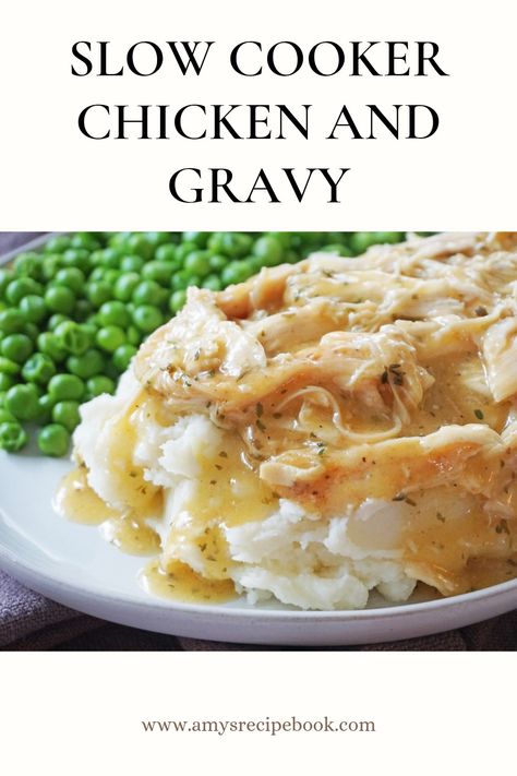 This easy and mouth watering Slow Cooker Chicken And Gravy will have your taste-buds dancing! 😉 Succulent, shredded chicken in a savory gravy served over fluffy mashed potatoes is the ultimate comfort food! Chicken Crockpot Recipes Over Mashed Potatoes, Shredded Chicken And Gravy Recipes, Crockpot Shredded Chicken Over Mashed Potatoes, Chicken Over Mashed Potatoes Crock Pot, Chicken With Mashed Potatoes And Gravy, Chicken Stew Over Mashed Potatoes, Creamy Chicken Gravy Over Mashed Potatoes, Slow Cooker Gravy Chicken, Shredded Chicken Mashed Potatoes