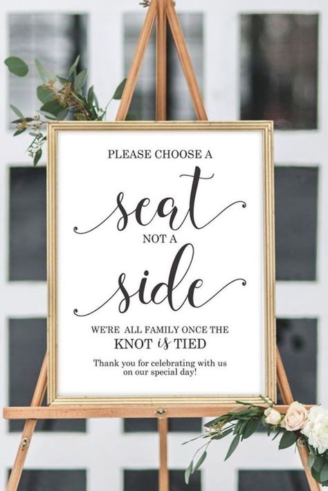 Choose a seat not a side we're all family once the knot is tied sign - Wedding Sign - Use this wedding sign at your wedding ceremony to let guests know that they can sit on either side. #wedding #weddingideas #weddingsign #weddings #weddingdecor via @Chicfetti Guest Seating Ideas, Ceremony Signage, Wedding Sides, Wedding Seating Signs, Different Wedding Ideas, Wedding Guest Signing, Mums Wedding, Wedding Ceremony Seating, Wedding Favor Table