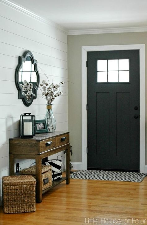 Black door and shiplap in the entryway, Fixer Upper style | 100+ Beautiful Mudrooms and Entryways at Remodelaholic.com Diy Plank Wall, Revere Pewter, Plank Walls, Iron Ore, Black Door, Cool Ideas, Magnolia Homes, Door Color, Style At Home