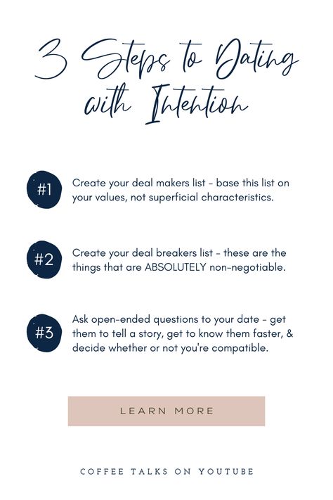 3 Steps to Dating with Intention | Eterna Counselling & Wellness. Follow us every 𝗧𝗵𝘂𝗿𝘀𝗱𝗮𝘆 𝗼𝗻 𝗙𝗮𝗰𝗲𝗯𝗼𝗼𝗸 𝗼𝗿 𝗜𝗻𝘀𝘁𝗮𝗴𝗿𝗮𝗺 for tips & tricks for your mental health & wellness. Cecilia Mannella discusses a variety of topics while providing the tools you need for changing your life. Click to watch the latest Coffee Talk on how to date with intention. #dating #datinggoals Dating Intentions, Dating With Intention, Best Dating Apps For Women, Intentional Dating, Is He Interested, Does He Love Me, Free Dating Websites, Alphabet Dating, Dating Timeline