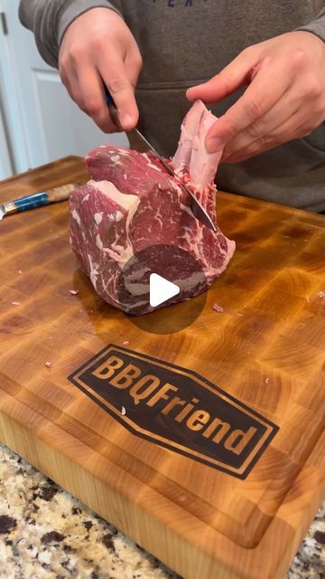 Joey DiApice on Instagram: "Get Prepared for your Holiday Prime Rib! For this prep we are going to do a frenched standing rib roast. We started with a 2 bone bone in roast. We then frenched the bones to give it that extra look. To make it a standing rib roast we cut the bones off and tied them back on to make it easier to carve after the cook. We coated this with @meatchurch Holy Cow and Garlic and Herb on all sides including the bones and tied the bones back on. #primerib #steak #beef #primeribprep #easyrecipes #howto #bbq #bbqfriend" Prime Rib Roast Bone In, Standing Rib Roast How To Cook Bone In, How To Cook Prime Rib, Ribeye Roast Recipes Bone In, Bone In Roast, Bone In Ribeye Roast, Prime Rib Bone In, Bone In Rib Roast, Holiday Prime Rib