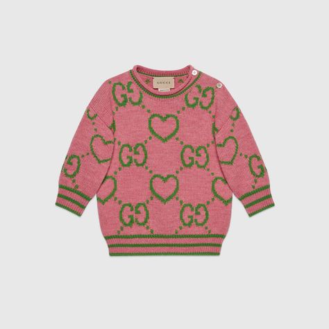 Gucci Sweater, Gucci Baby, Gucci Pink, Jumper Style, Gucci Kids, Embroidered Wool, Heart Sweater, Grass Green, Baby Outfits Newborn