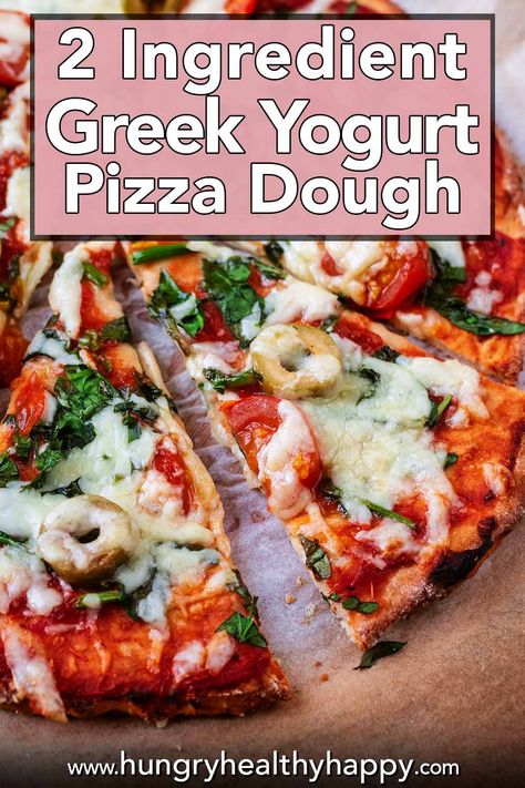 This Greek yogurt pizza dough is made with just 2 ingredients and takes just minutes to mix and roll together with no yeast or rise time. A high protein pizza dough, so you can hit your protein goals whilst still enjoying a delicious veggie loaded pizza. A high protein quick healthy pizza dough that is easy to adapt and just 90 calories and 5g of protein per slice. Pizza Dough Yogurt And Flour, Healthy Pizza Ideas, Protein Pizza Dough, Yogurt Pizza Crust, Greek Yogurt Pizza Dough, Greek Yogurt Pizza, Yogurt Pizza, Yogurt Pizza Dough, Healthy Pizza Dough