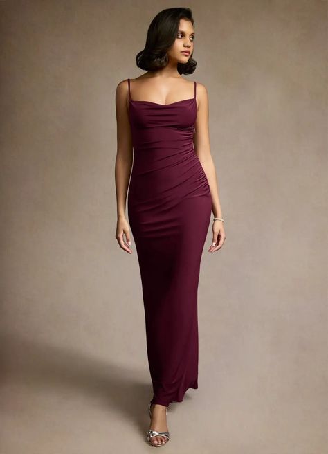 Sherrie Wine Cowl Maxi Dress Atelier Dresses | Azazie Maroon Dress Outfit, Maroon Maxi Dress, Atelier Dress, Wine Colored Dresses, Burgundy Midi Dress, Sage Dress, Special Event Dresses, Maxi Dresses Fall, Fall Wedding Guest Dress