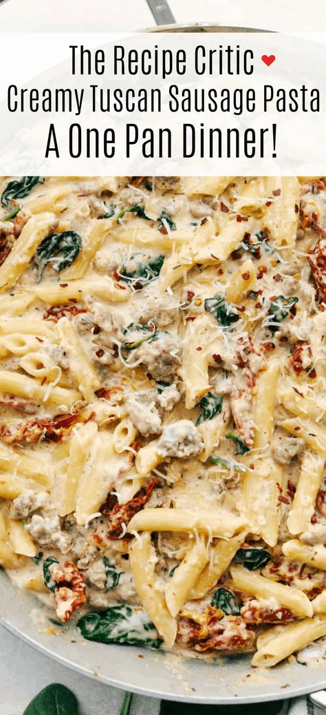 Creamy Tuscan Sausage Pasta is pretty much a one pan wonder you will want to cook over and over again!  Perfect for a busy night, this is a hearty comforting dish that will truly satisfy. Bow Tie Pasta With Sausage Spinach, Zuppa Toscana Pasta, Turkey Sausage Pasta Recipes, Dinner Date Recipes At Home, Creamy Tuscan Sausage Pasta, Tuscan Sausage Pasta, Creamy Tuscan Chicken Pasta, Tuscan Sausage, Creamy Sausage Pasta