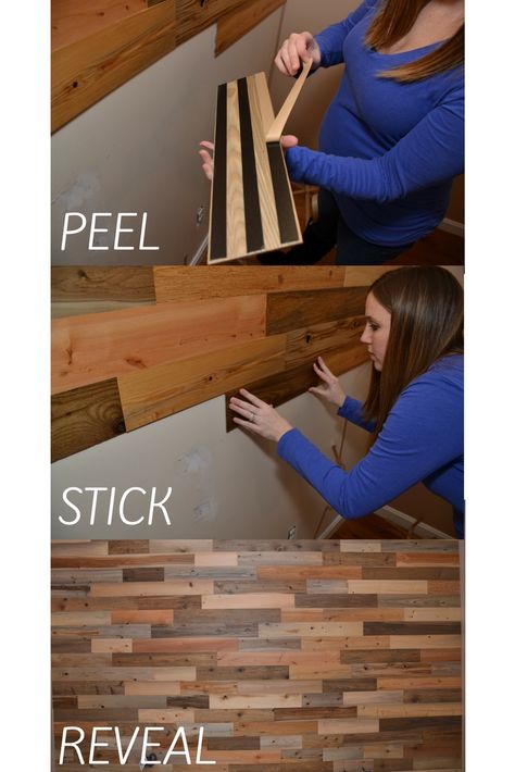 Timberchic is a real wood DIY product. Just Peel & Stick! Peel And Stick Faux Wood Wall, Peel And Stick Wood Wall, Peel And Stick Wood Planks, Diy Wall Planking, Wood Plank Walls Lowe's, Peel And Stick Vinyl Planks On Wall Wood Boards & Planks, Wood Walls Bedroom, Stick On Wood Wall, Barn Wood Accent Wall Lowe's