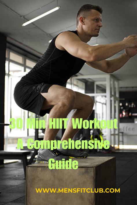 Illustration of a 30-minute HIIT workout featuring high-intensity exercises like burpees, mountain climbers, jumping jacks, and squat jumps. The graphic highlights short bursts of intense activity followed by brief rest periods to maximize calorie burn and improve cardiovascular health. Ideal for individuals looking for an efficient, full-body workout that can be completed in a short amount of time. Hiit Workout Gym, 30 Min Hiit Workout, 30 Minute Hiit Workouts, Hiit Workouts With Weights, Hiit Workout Plan, Workout At Gym, Hiit Treadmill, Workout With Weights, Hiit Session